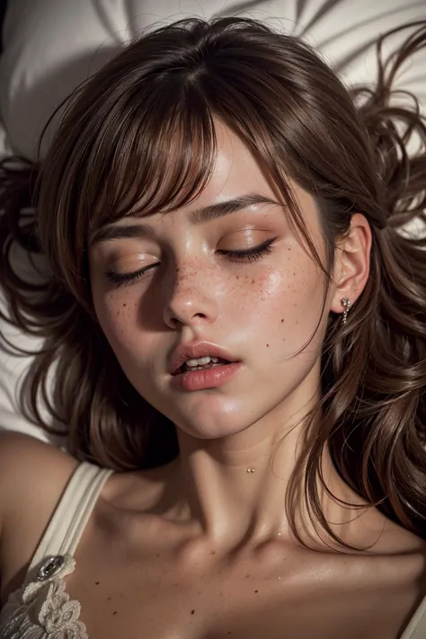 (masterpiece, detailed:1.3), vivid colors, beautiful, <lora:detail_slider_v4:1.0>,
1 girl, adult hungarian woman, freckles, closed eyes,  light brown wedge cut hair,  bangs, ,
blushing, (shiny skin:1.1),  perfect face, perfect teeth,
(in pain, painful expression:1.2), closed mouth,  lying on bed, from above, hair spread out,  collarbones,
(extreme closeup:1.1), <lora:zoom_slider_v1:2.0>