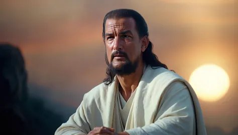 <lyco:Segal_SDXL_V2:1.1> (8k, movie still, highest quality, natural lighting, photorealistic, realistic, masterpiece, intricate, sharp focus, blurred background, brutal), (a bearded steven segal man as Jesus Christ is sitting on a mount and preaches to his followers:1.5), (Sermon on the Mount:1.5), (dressed in a simple shroud:1.5), (absolutely sure that he will get an Oscar for this role as the best Jesus Christ ever:2), (convinced that he could write a better New Testament:2), (charismatic:1.5), (unbelievably humble:1.5), (fully aware that he can kill you with one punch:1.5), (awe-inspiring:1.5), (sublime:1.5), (epic:1.5), (awesome:1.5), (perfect body:1.5), (detailed face:1.5), (beautiful eyes:1.3), (incredibly intense stare:1.5),  (incredibly preachy:1.5), (expressive posture:1.5), (better than Ben Kingsley:1.5), (reflective:1.5), (sunset:1.5), (foggy:1.2)