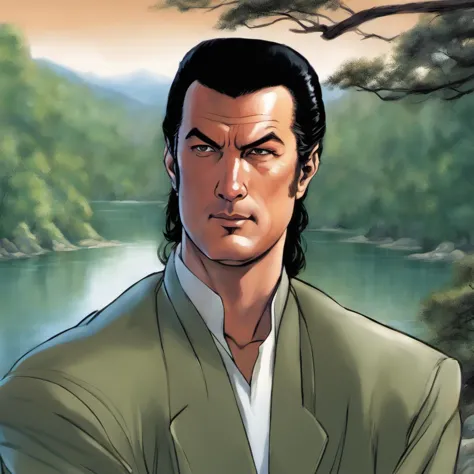 anime illustration portrait of steven segal man, forest with lake in the background, high quality, handsome, action pose, detailed, fantasy setting 