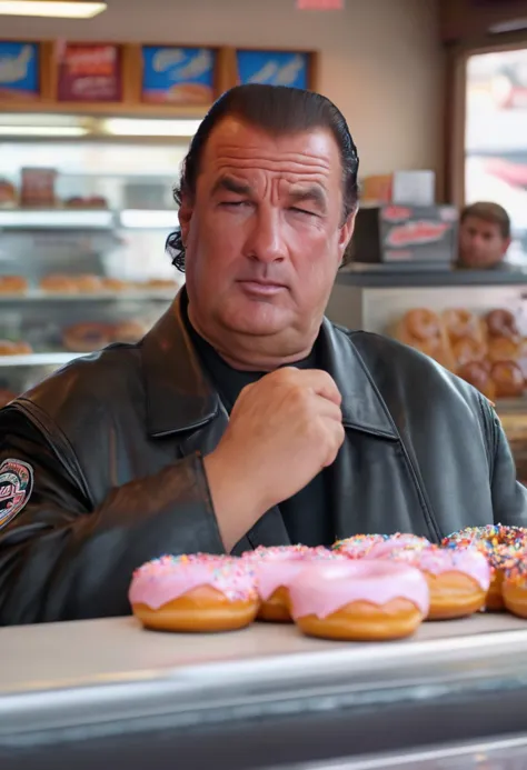 cinematic head and shoulder portrait,steven segal man ordering several donuts inside a donut shop,plump,obese,biker_clothes,high...