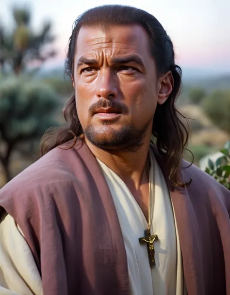 a close up of a man with long hair wearing a robe