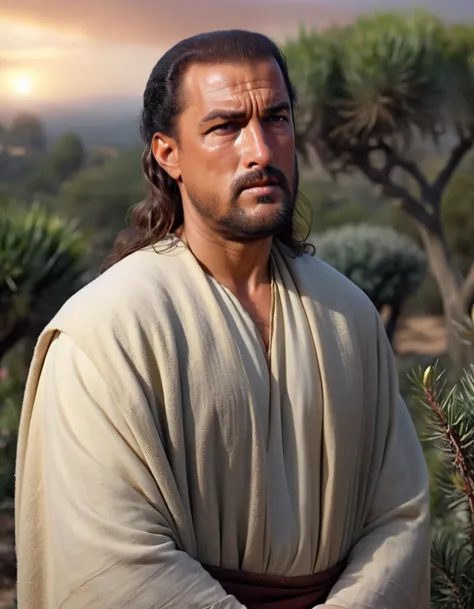 <lyco:Segal_SDXL_V2:1.1> (8k, highest quality, natural lighting, photorealistic, realistic, masterpiece, intricate, sharp focus, blurred background, brutal), (portrait of a bearded steven segal man as Jesus Christ:1.5), (standing in the Garden of Gethsemane:1.5), (dressed in a simple shroud:1.5), (absolutely sure that he will get an Oscar for this role as the best Jesus Christ ever:2), (convinced that he could write a better New Testament:2), (charismatic:1.5), (unbelievably humble:1.5), (fully aware that he can kill you with one punch:1.5), (awe-inspiring:1.5), (sublime:1.5), (epic:1.5), (awesome:1.5), (perfect body:1.5), (detailed face:1.5), (beautiful eyes:1.3), (incredibly intense stare:1.5), (reflective:1.5), (sunset:1.5), (foggy:1.2)