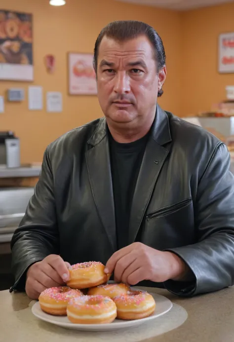 cinematic head and shoulder portrait,steven segal man ordering several donuts inside a donut shop,plump,obese,biker_clothes,high...