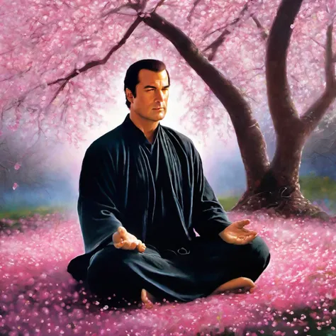 painting of a man meditating in a meditation position in a field of flowers