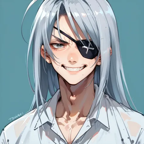 shin natsume, tenjo tenge, ah1, 1boy, long hair, gray hair, mouth closed, <lora:eyedetailpxl:0.6> eyedetailpxl, <lora:xl_more_art-full_v1:0.6>, <lora:detailxl:0.6> detailxl, <lora:hairdetailpxl:0.6> hairdetailpxl, <lora:skindetailpxl:0.6> skindetailpxl, upper body, parted bangs, score_9, score_8_up, score_7_up, score_6_up, source_anime, white shirt, simple background, eyepatch, from front, gray eye, smirk, narrowed eyes, <lora:Shin_Natsume_from_Tenjo_Tenge:1>