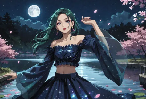 score_9,score_8_up,score_7_up,source_anime,outdoors,lake,flower,petals,night sky,moon,full moon,<lora:maomao_ponyxl_v1:0.8>,1gir...