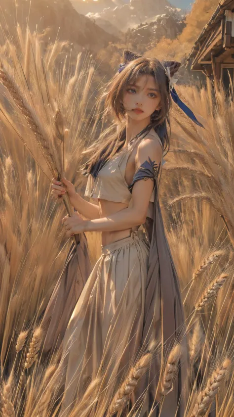 a painting of a woman standing in a field of wheat