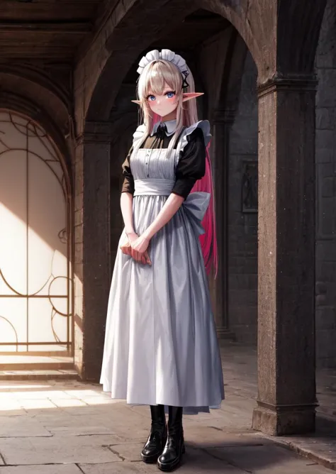 full body, (highres, best quality:1.2), vibrant image, sharpness, colorful, solo, elf, long hair, fair skin, maid's clothes , <lora:GoodHands-beta2:1>, <lora:add_detail:0.5>, <lora:boldline:0.3>, <lora:hairdetailer:0.3>, <lora:torogao_v2-000010:1>,
