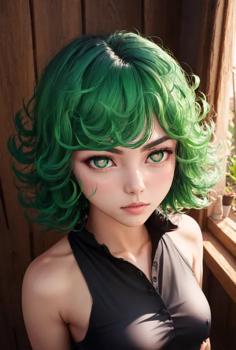 a woman with green hair and green eyes wearing a black top