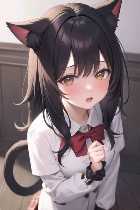 anime girl with black hair and cat ears holding a red bow