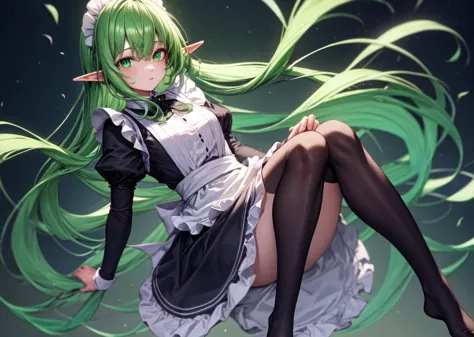 anime girl with green hair and black stockings laying on the ground