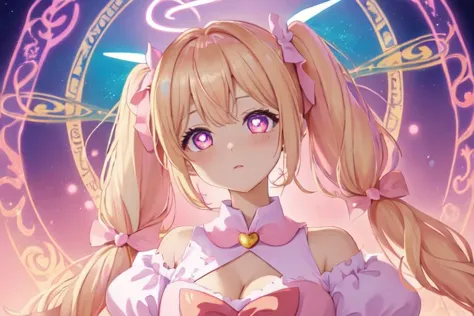 anime girl with pigtails and a pink dress in front of a clock