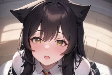 anime girl with black hair and cat ears in a white shirt