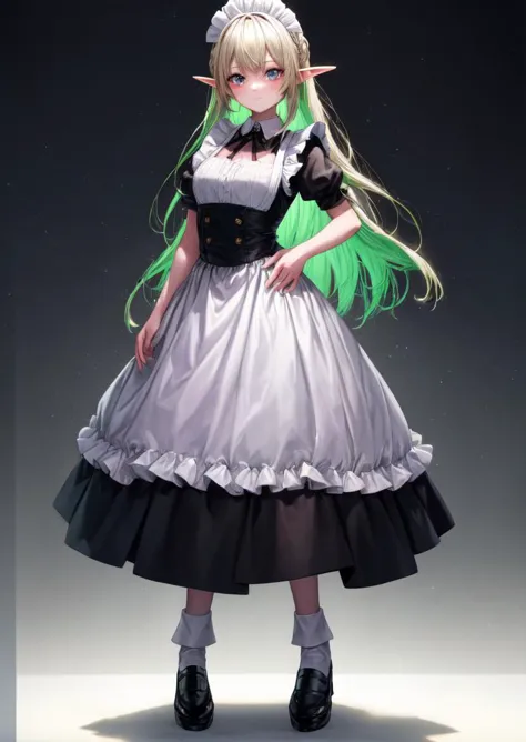 a woman in a dress and hat with green hair