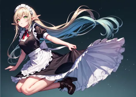 anime girl in a maid outfit flying through the air