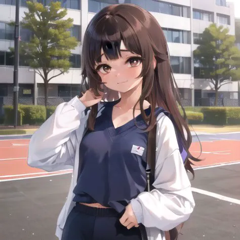 anime girl with long hair and a blue top standing in a parking lot