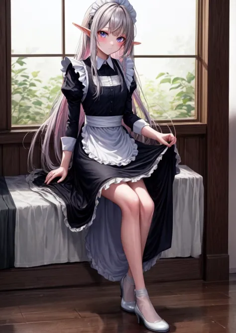 full body, (highres, best quality:1.2), vibrant image, sharpness, colorful, solo, elf, long hair, fair skin, maid's clothes , <lora:GoodHands-beta2:1>, <lora:add_detail:0.5>, <lora:boldline:0.3>, <lora:hairdetailer:0.3>, <lora:torogao_v2-000010:1>,