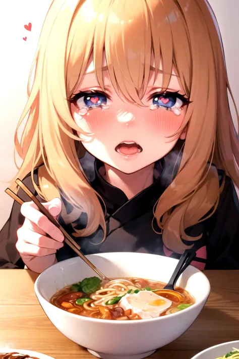 anime girl eating a bowl of ramen with chopsticks