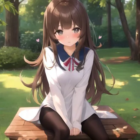 anime girl sitting on a bench in a park with a book