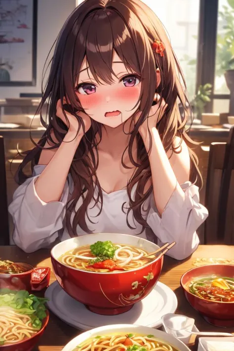 anime girl sitting at a table with a bowl of noodles