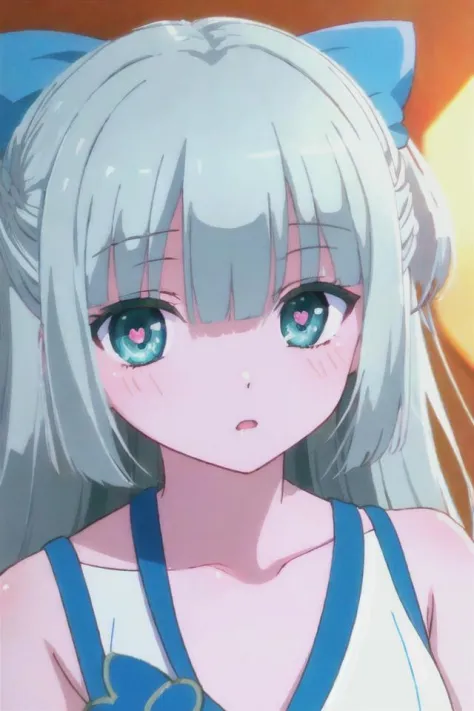 anime girl with long white hair and blue dress staring at camera