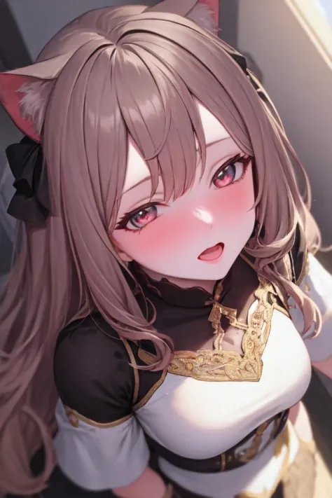 a close up of a woman with long hair wearing a cat ears outfit