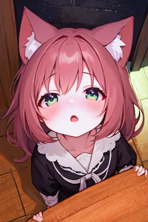 anime girl with pink hair and a cat ears sitting at a table