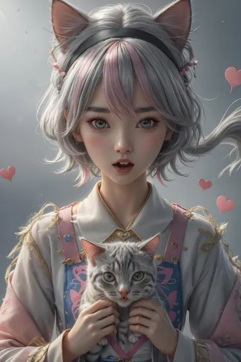 o>, animal, animalization, bangs, black eyes, blue hairband, blush stickers, cat, closed mouth, commentary, english commentary, fang, grey background, grey hair, hair between eyes, hair ornament, hairband, heart, highres, komeiji satori, long sleeves, looking at viewer, meme, multicolored hair, no nose, open mouth, pink hair, (short hair:1.15), simple<lora:lora:0.6>