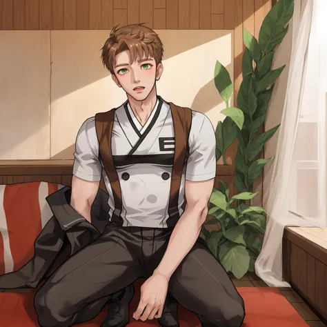 anime boy sitting on a red couch with a backpack on his lap