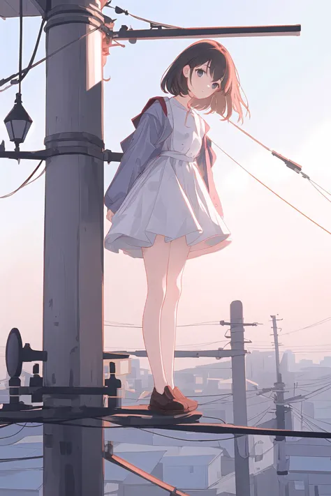 (best quality, masterpiece, highres),1girl,solo,<lora:on utility pole_v1.05:1>,standing,on utility pole,
