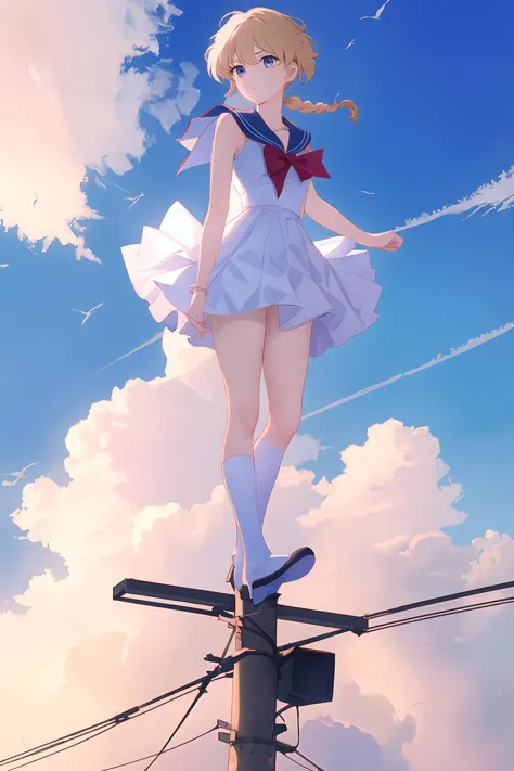 (best quality, masterpiece, highres),1girl,solo,fishtail braid,sailor senshi costume,eye contact,looking at viewer,sky,cloud,
<l...