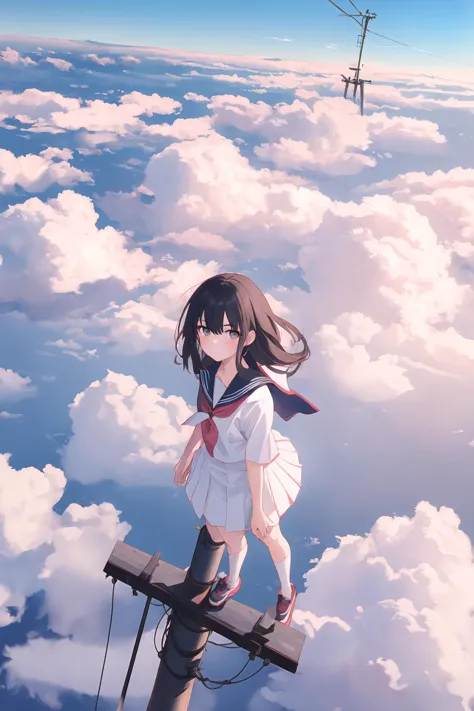 (best quality, masterpiece, highres),1girl,solo,hair intakes,serafuku,looking at viewer,above clouds,cloud,from above,
<lora:on ...