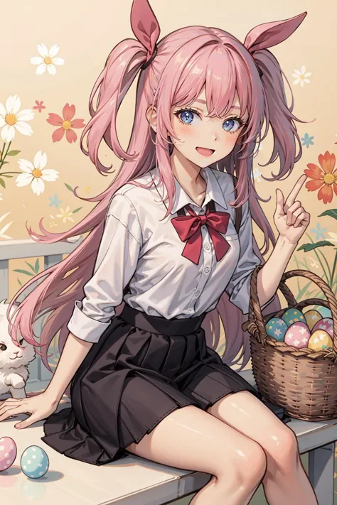 anime girl with pink hair sitting on a bench with a basket of eggs