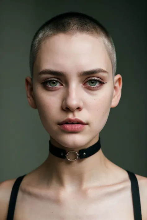 raw photo, a cute furled brow girl, silver buzz cut, 28 years old, lip liner, liquid eyeliner, rough, choker, realistic skin tex...