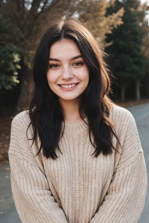 edgy pinterest woman, 20 years old, wearing an oversized sweater, happy, dimples, natural look, sunny, soft lighting, emotional,...