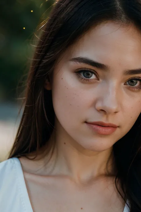 a close up of a woman with long hair and a white shirt