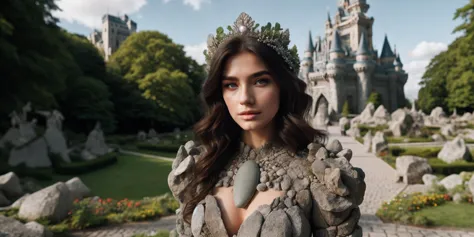 a woman in a dress and crown standing in front of a castle