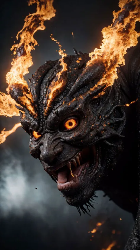 a close up of a demon with fire coming out of its mouth