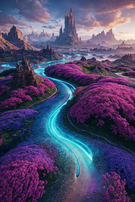 a man is walking down a winding road in the middle of a purple landscape