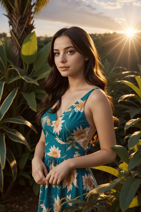 1girl, (cinema art by Mario Bava:0.9) , Studio shot of a Short Oppressive spork, vegetation in background, at Sunrise, Bokeh, Detailed illustration, Relaxed, Sun Rays