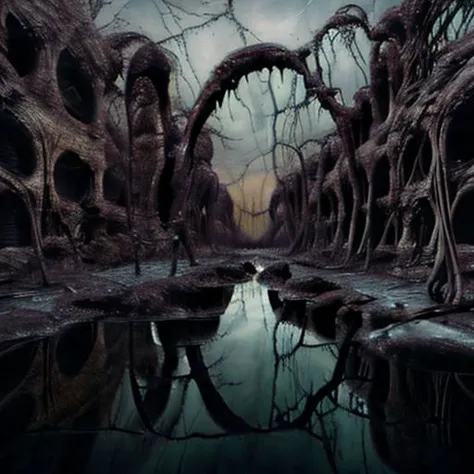 a dark and creepy scene with a swamp and trees