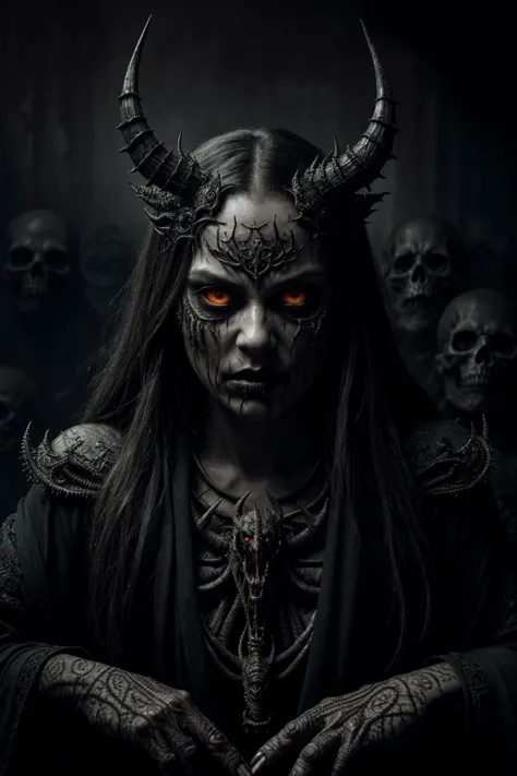 a woman with horns and a demon face in a dark room