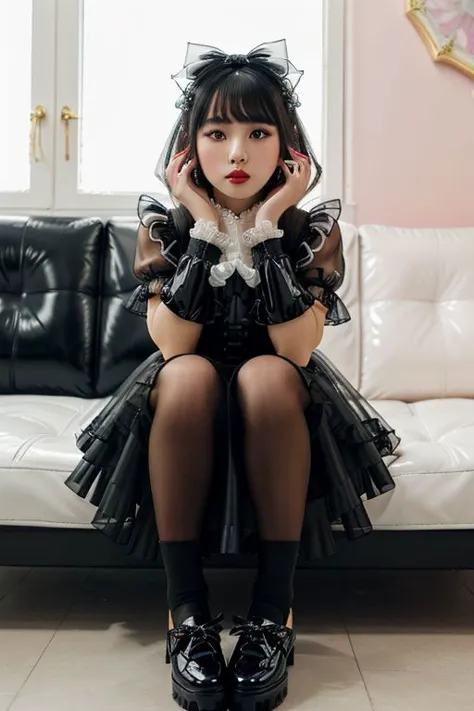 (lolitafashion:1.3), masterpiece, best quality, professional detailed photo of (beautiful Korean woman) wearing (glossy pastel intricate gothiclolita dress, lolitadress, lolitashoes:1.3), (extremely wrinkled glossy fabric:1.3), (perfect face, beautiful face, symmetric face), (lipstick, eyeshadow, mascara, makeup), (frills, bows and lace:1.1), (gothic stockings:1.1), (shiny glossy translucent clothing, gleaming oily latex fabric:1.1), (sitting on latex sofa, latex pillows:1.2), (cute shoes, lolitashoes, shoes focus:1.3),