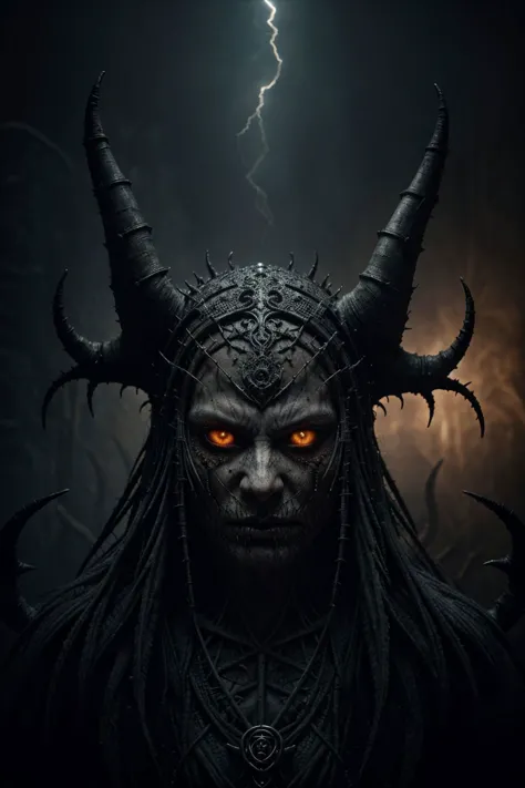 a man with horns and a horned head with glowing eyes