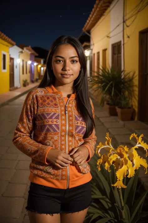 arafed woman standing in a street with a flower in her hand