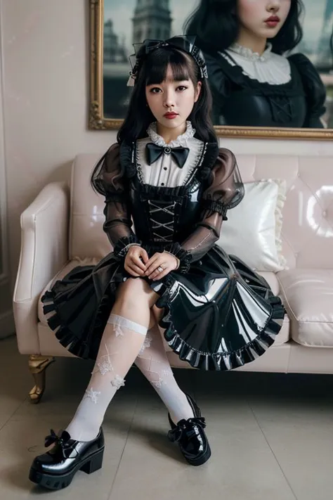 (lolitafashion:1.3), masterpiece, best quality, professional detailed photo of (beautiful Korean woman) wearing (glossy pastel intricate gothiclolita dress, lolitadress, lolitashoes:1.3), (extremely wrinkled glossy fabric:1.3), (perfect face, beautiful face, symmetric face), (lipstick, eyeshadow, mascara, makeup), (frills, bows and lace:1.1), (gothic stockings:1.1), (shiny glossy translucent clothing, gleaming oily latex fabric:1.1), (sitting on latex sofa, latex pillows:1.2), (cute shoes, lolitashoes, shoes focus:1.3),
(ultra wide angle shot, cinematic style, RAW photo, photo-realistic, absurdres, incredibly absurdres, huge filesize, High quality texture, Cinematic Lighting, physically-based rendering, Ray tracing, photorealistic, octane render, sharp focus, (8k), (4k), (Masterpiece), (Best Quality), (realistic skin texture), extremely detailed, intricate, hyper detailed, high resolution, sharp detail)