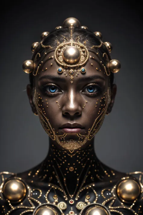 (8k, RAW photo, highest quality), hyperrealistic abstract style portrait of an otherworldly being with metallic skin, glowing or...