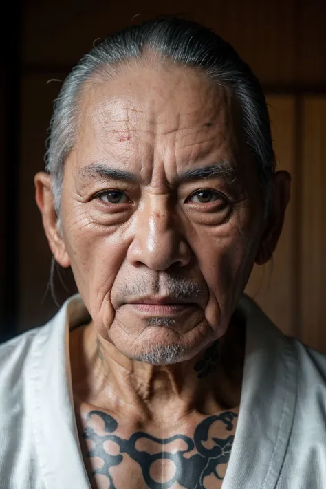 (8k, RAW photo, highest quality), an old wisely grandpa, former yakuza, wearing a kimono, dangerous looking, tattoos, skin pores, skin blemish, extremely high-resolution details, photographic, realism pushed to extreme, fine texture, 4k, ultra-detailed, high quality, high contrast