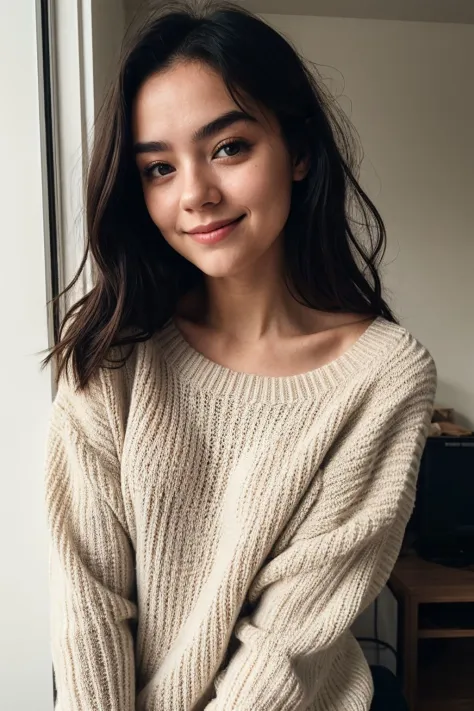 edgy pinterest woman, 20 years old, wearing a oversized sweater, happy, dimples, natural look, sunny, soft lighting, emotional, grainy