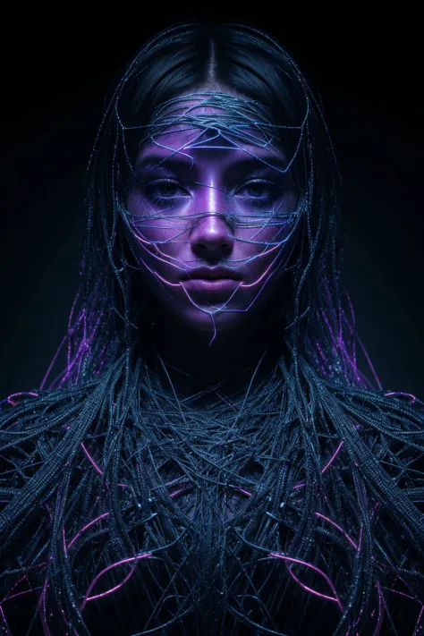 (8k, RAW photo, highest quality), Abstract style mysterious figure emerges from the shadows in a tangled mess of iridescent wires and glowing mesh, face hidden behind layers of glitched wavy distortions, non-representational, colors and shapes, expression of feelings, imaginative, highly detailed